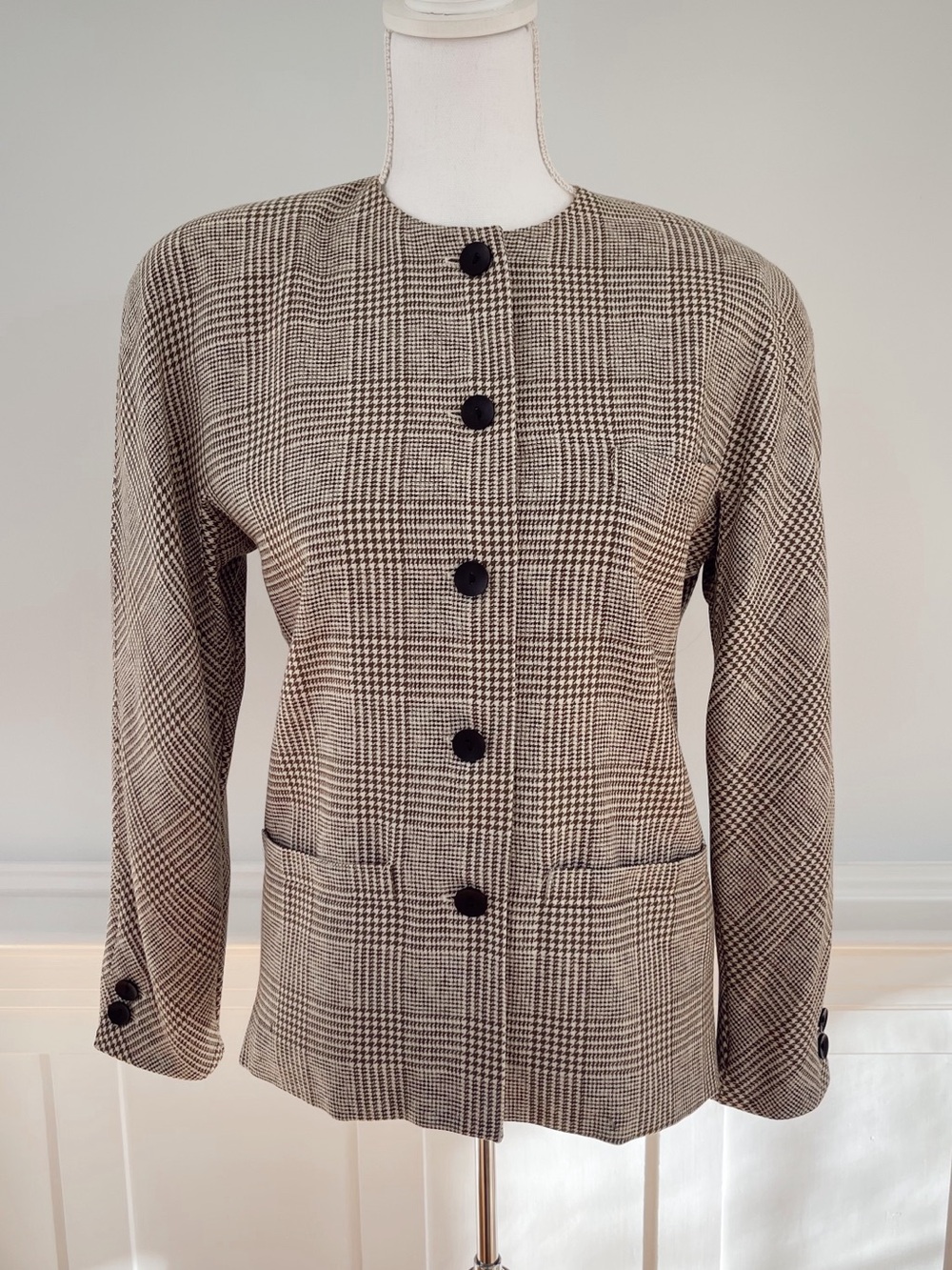 Vintage Escada Plaid Collarless Blazer in Brown and Cream